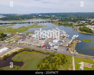 Annisquam River Flussmündung Luftaufnahme am Gloucester Hafen in Gloucester, Cape Ann, Massachusetts MA, USA. Der Fluss ist mit Gloucester Harbour b verbunden Stockfoto