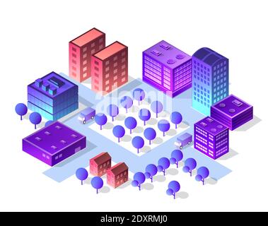 Isometrische Stadt Satz von violetten Farben Gebäude Stock Vektor