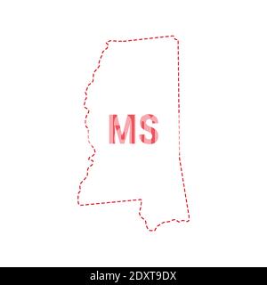 Mississippi US State map umreißt gepunktete Grenze. Vektorgrafik. Abkürzung mit zwei Buchstaben. Stock Vektor