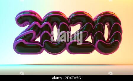 2020 Schriftzug in Form von Schokoladendonuts, gegossen auf einem rosa Karamell. Neujahrszeichen. 3D Darstellung isoliert auf weißem Hintergrund Stockfoto