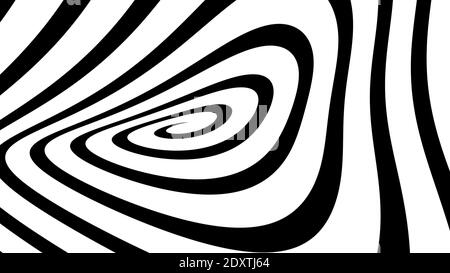 2d-Illustration von Hypnotise kreisförmigen Muster Hintergrund von schwarz und weiß rotierenden geknickten Kreisen oder psychedelischen Hypnose Linien in hypnotischer Bewegung. Stockfoto