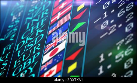 Abstract Aktienmarkt-Trading-Grafik für Finanzanlagen und Wirtschaftskonzept. Schwarzer Bildschirm mit den Titeln, Zeichen und Flaggen verschiedener Currenci Stockfoto