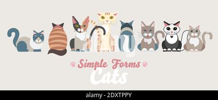 Flache Katzen Familie isoliert Vektor-Set. Lange Banner Cartoon Illustration Hauskatzen Stock Vektor
