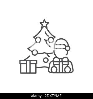 Weihnachten geschmückt Baum und Kind Farbe Linie Symbol. Leuchtende Lichter. Bearbeitbare Kontur. Stock Vektor