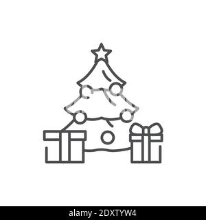 Weihnachten geschmückt Baum mit Geschenken Farbe Linie Symbol. Leuchtende Lichter. Bearbeitbare Kontur. Stock Vektor