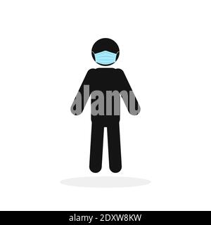 Mann in Maske. Ikone eines Mannes in medizinischer Gesichtsschutzmaske. Vektorgrafik. Schwarzes isoliertes Symbol Stock Vektor