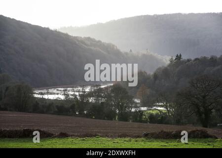 Der Fluss Wye platzt sein Ufer in nächtlichen Überschwemmungen entlang der Wye Valley, Wales. Der Fluss könnte noch höher werden. Stockfoto