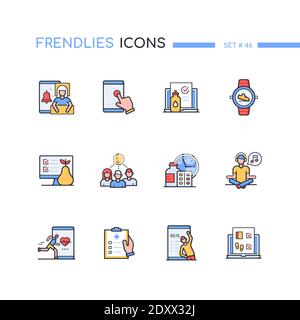 Healthcare mobile App - Linie Design Stil Symbole gesetzt. Wellness und gesundes Lifestyle-Konzept. Schlafzyklus, Meditation, Training, Schrittzähler, Hydratation Stock Vektor