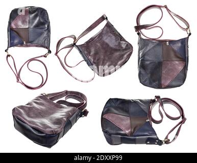 Set aus handgefertigter Umhängetasche aus dunklem Leder mit Patchwork-Ornament Isoliert auf weißem Hintergrund Stockfoto