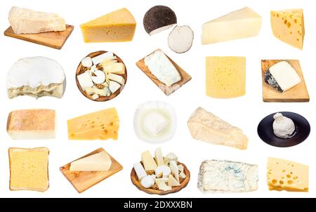 Set von verschiedenen Stücken von Käse auf weißem Hintergrund isoliert Stockfoto