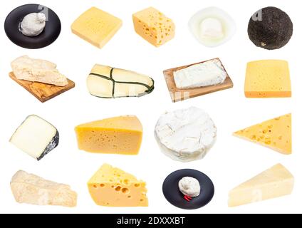 Sammlung von verschiedenen Stücken von Käse auf weißem Hintergrund isoliert Stockfoto