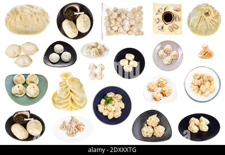 Satz von verschiedenen Knödel (Dim Sum, buuz, pelmeni, pyanse, khinkali, manti, etc.) isoliert auf weißem Hintergrund Stockfoto