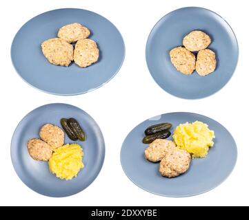 Set von Portion hausgemachtem gedünstetem rotem Fischschnitzel auf Blaue Platte isoliert auf weißem Hintergrund Stockfoto