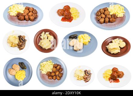 Set von verschiedenen Gerichten mit Kartoffelpüree als Beilage Auf Platte isoliert auf weißem Hintergrund Stockfoto