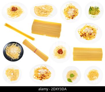 Set von gekochten Gerichten aus italienischen Spaghetti isoliert auf weiß Hintergrund Stockfoto