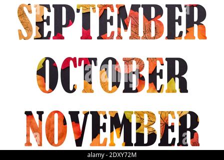 Wörter September, Oktober, November aus Herbstbild mit Ahornblättern, isoliert auf weißem Hintergrund Stockfoto