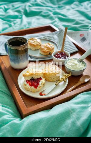Hausgemachte Scones mit Erdbeermarmelade, gerinnte Sahne serviert im Bett auf einem Holztablett mit Kaffee und einer Zeitung. Stockfoto