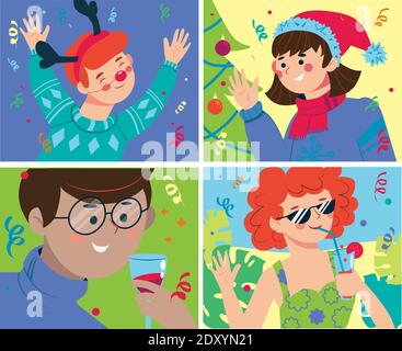 Weihnachten und Neujahr feiern. Online Party von Freunden. Vektorgrafik. Stock Vektor