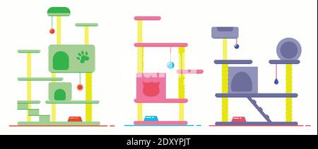 Katzenbaum mit Katzenhaus. Katzenturm und Kratzpfosten. Haustiere Möbel. Satz flacher Vektorgrafiken Stock Vektor