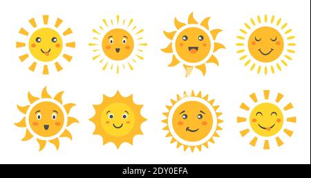 Niedliche Sonne untergehen, Cartoon Sonne emoticon Figuren Sammlung, sonnige Gesichter mit glücklichen Emotionen Stock Vektor