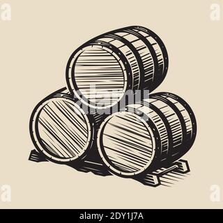 Drei Fässer Wein. Alkohol vintage Vektor-Illustration Stock Vektor