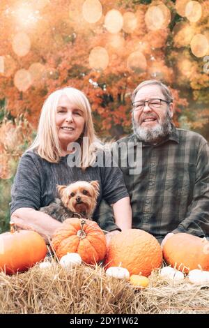 Glückliches älteres Baby Boomer Paar posiert in einer Herbstszene Mit Hund und Pumkins Stockfoto