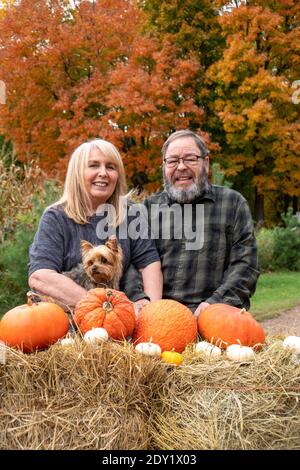 Glückliches älteres Baby Boomer Paar posiert in einer Herbstszene Mit Hund und Pumkins Stockfoto