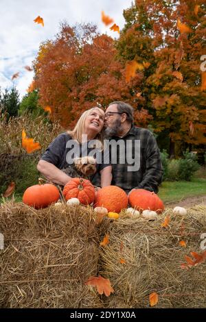 Glückliches älteres Baby Boomer Paar posiert in einer Herbstszene Mit Hund und Pumkins Stockfoto