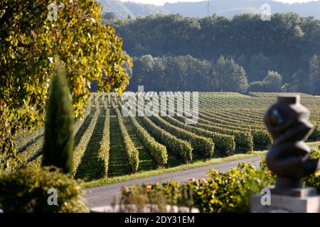 Exklusiv - Dänische Königin Margrethe und ihr Mann Prinz Henrik posieren für unseren Fotografen in ihrem Schloss in Lot, in der Nähe von Cahors, Südfrankreich am 03. Oktober 2014. Das dänische Königspaar kommt in seinem Chateau de Cayx an, das sich im Weinviertel von Cahors befindet, um den Beginn der Weinlese zu werfen. Sie nahmen auch an Dreharbeiten eines Dokumentarfilms über ihre Burg und ihre Weine Teil. Die dänische Königin Margrethe und Prinz Henrik feiern die Einweihung ihres privaten Museums mit 4000 Kunstwerken in ihrem Schloss und werden am Ende ihres Aufenthalts in Frankreich der Öffentlichkeit zugänglich gemacht. Foto von Stockfoto