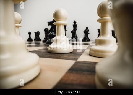 Macro photo of chess pieces on a chess board Stockfoto