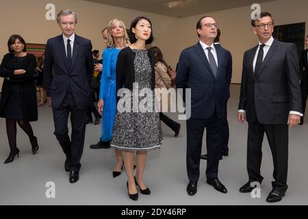 (L-R) Paris-Bürgermeisterin Anne Hidalgo, LVMH-CEO Bernard Arnault, Frau Helene Mercier-Arnault, der französische Minister für Kultur und Kommunikation Fleur Pellerin und der französische Präsident Francois Hollande bei der Einweihung der Louis Vuitton Stiftung, eine Woche vor ihrer offiziellen Eröffnung für die Öffentlichkeit, in Paris, Frankreich am 20. Oktober 2014. Fotopool von Romuald Meigneux/ABACAPRESS.COM Stockfoto