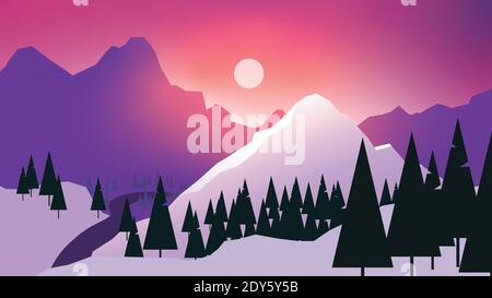 Vektor Winter Berg Landschaft mit schönen Sonnenaufgang rund um den Berg. Schnee und Fir Flat Design. Low-Poly-Design mit scharfen Rand. Vektorlandschaft Stock Vektor
