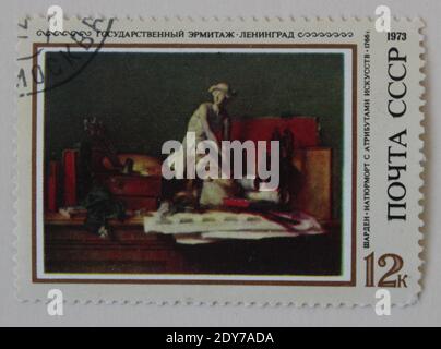 CHARKIW / UKRAINE - 09.03, 2020: Jahrgangsstempel gedruckt von UdSSR, Chardins Gemälde Stillleben, um 1973 Stockfoto