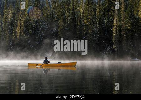 Mann in einem Kanu auf einem nebligen See auf sonnig Tag umgeben von Bäumen Stockfoto