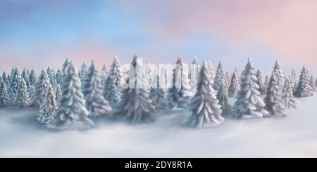 Aquarell-Illustration eines Winterwaldes an einem frostigen Morgen. Landschaft in rosa und blauen Farbtönen. Stockfoto