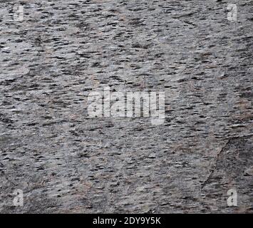 Nahaufnahme eines flachen grauen Steins mit einer abgebrochenem Untergrund. Hintergrund, Textur. Stockfoto