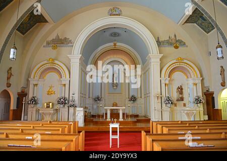 Our Lady of Good Voyage Church ist eine historische spanische Revival-Kirche in der 13 Prospect Street in der Innenstadt von Gloucester, Massachusetts, USA. Stockfoto