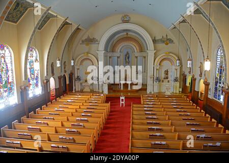 Our Lady of Good Voyage Church ist eine historische spanische Revival-Kirche in der 13 Prospect Street in der Innenstadt von Gloucester, Massachusetts, USA. Stockfoto