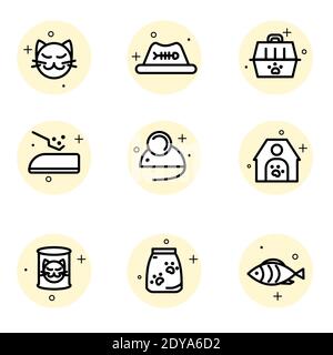 Seth Icons zum Thema Katzenleben isoliert auf weißem Hintergrund. Vektorgrafik Stock Vektor