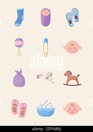 Bündel von zwölf Baby-Dusche-Set Icons Vektor-Illustration Design Stock Vektor