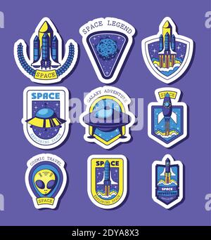 Set von Space Badges auf einem lila Hintergrund Stock Vektor