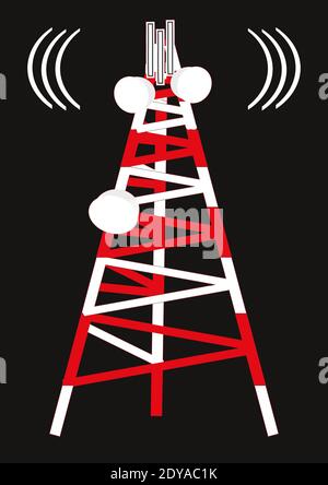Abbildung eines mobilen Netzwerkturms, isoliert auf schwarzem Hintergrund Stock Vektor
