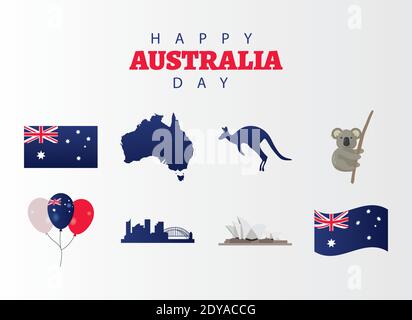 Happy australia Day Schriftzug mit Set-Icons auf weißem Hintergrund vektorgrafik Design Stock Vektor