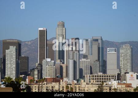 Ein allgemeiner Blick auf die Skyline von Downtown Los Angeles, Montag, 21. Dezember 2020. Stockfoto