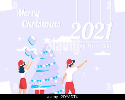 Neujahrsgrüße Design-Konzept. Menschen willkommen Weihnachten Neujahr. Verwendet für Web, Plakate, Flyer. Flache Vektor. Stock Vektor