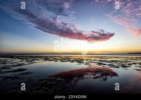 Spektakuläre rosa Wolkenformationen bei Sonnenaufgang am Strand von Poona, Fraser Coast Region, Queensland, QLD, Australien Stockfoto