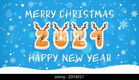 Frohes Neues Jahr 2021. Grußkarte mit Winterlandschaft. Cartoon Kalender Datum mit niedlichen Tier Hirsch Gesichter und handschriftliche Beschriftung weiße Farbe. Stock Vektor