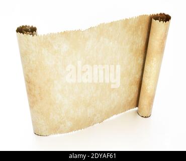 Altes leeres Pergament isoliert auf weißem Hintergrund. 3D-Illustration. Stockfoto