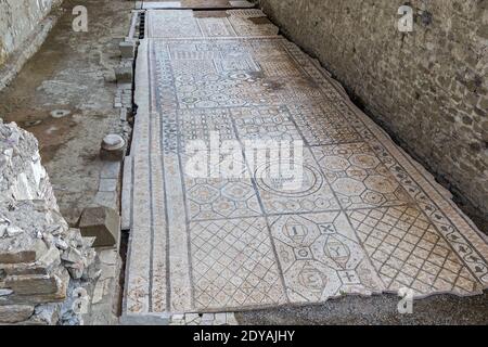 Mosaiken, Stobi, archäologische Ruinen der römischen Stadt, Mazedonien, (FYROM), Republik Nordmakedonien Stockfoto