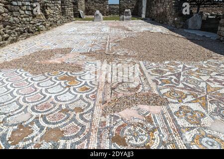 Mosaiken, Stobi, archäologische Ruinen der römischen Stadt, Mazedonien, (FYROM), Republik Nordmakedonien Stockfoto